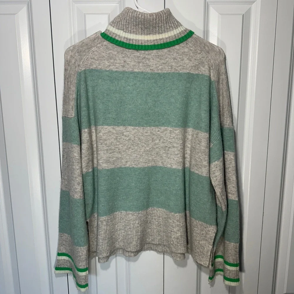 J. Crew Striped Turtleneck Sweater Supersoft Yarn Women Medium Grey Green Merino
